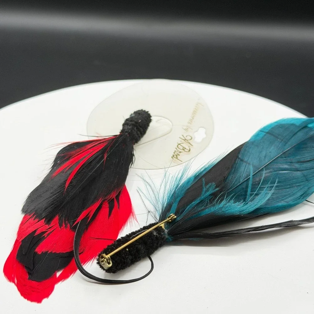 Red Teal Black Feather Brooch Pins Pair Boho Statement Costume Jewelry Set Lot